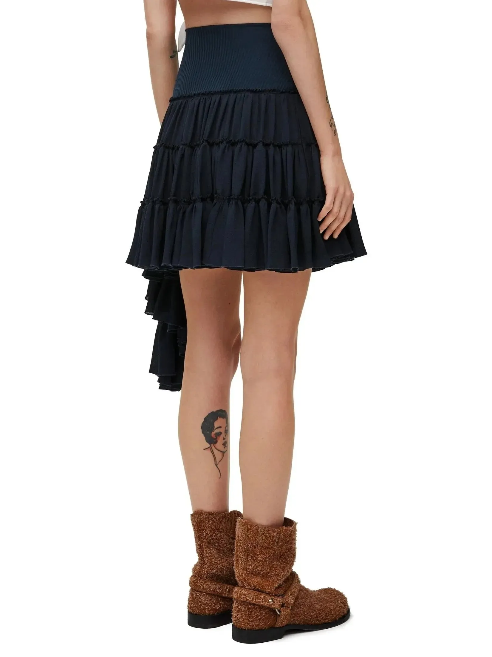 Asymmetric Ruffle Tiered Mini Skirt in Navy