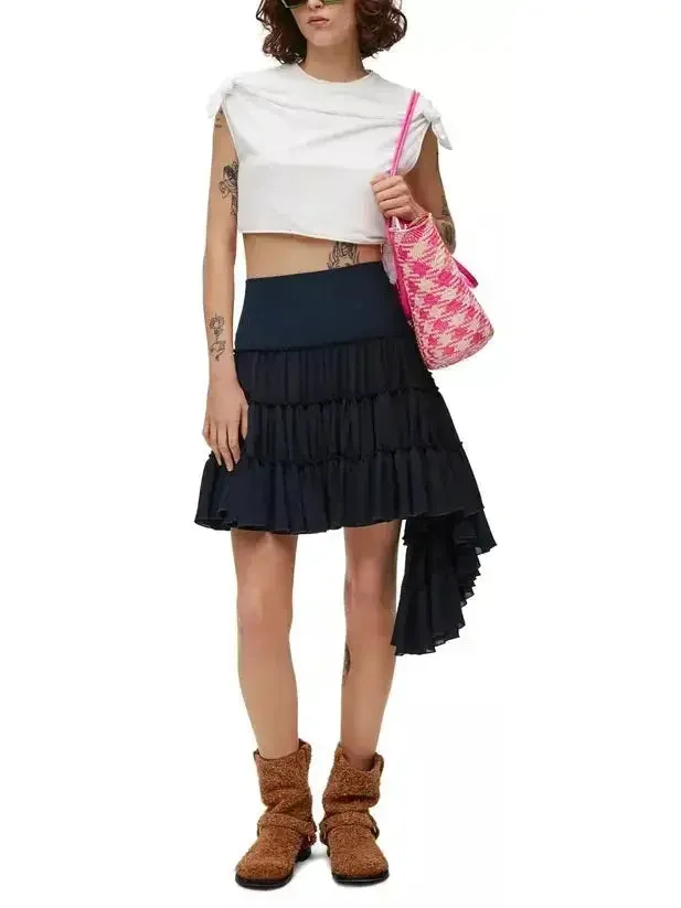 Asymmetric Ruffle Tiered Mini Skirt in Navy