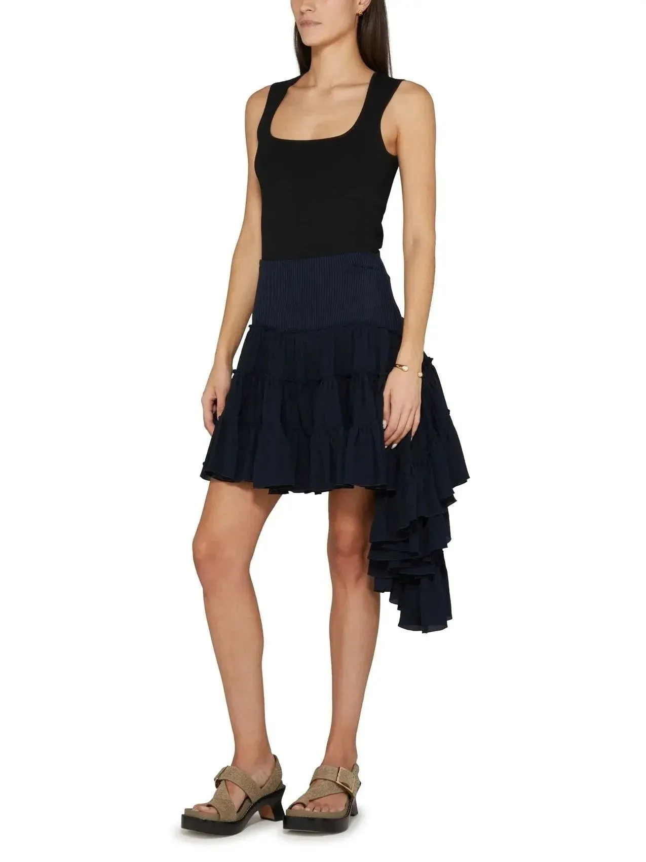 Asymmetric Ruffle Tiered Mini Skirt in Navy