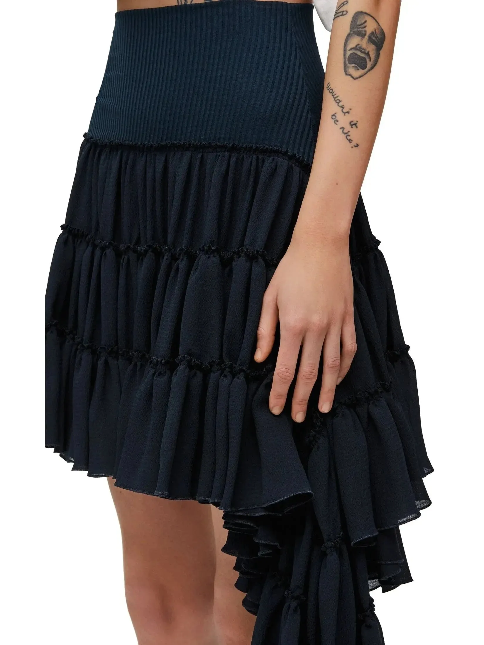 Asymmetric Ruffle Tiered Mini Skirt in Navy