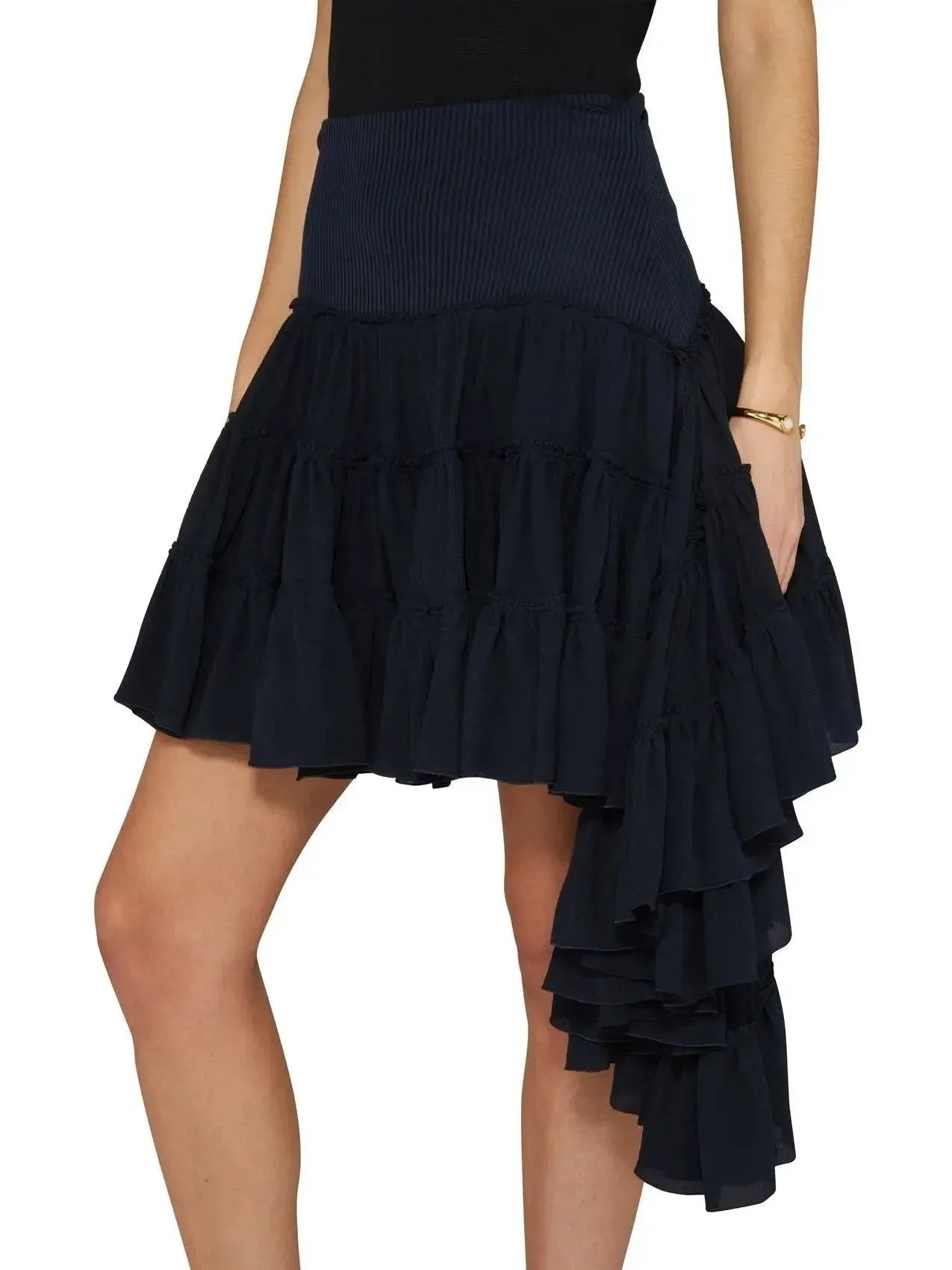 Asymmetric Ruffle Tiered Mini Skirt in Navy