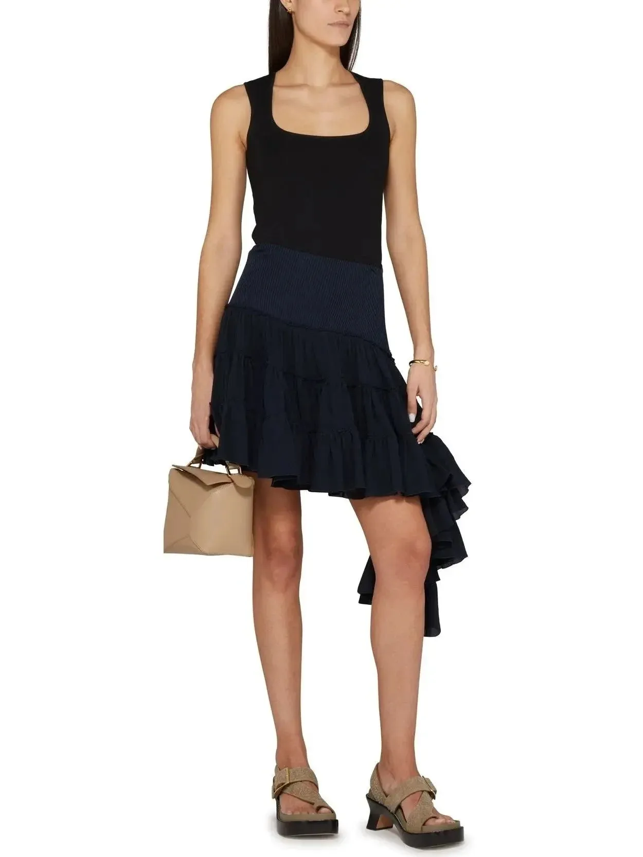 Asymmetric Ruffle Tiered Mini Skirt in Navy