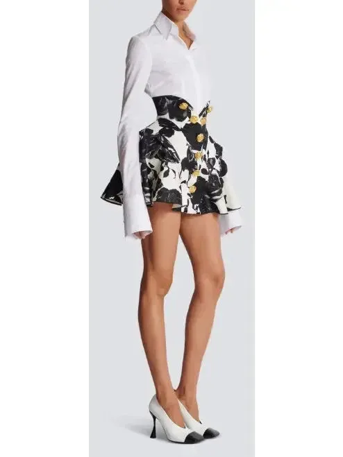 Black and White Roses Short Tulip Skirt