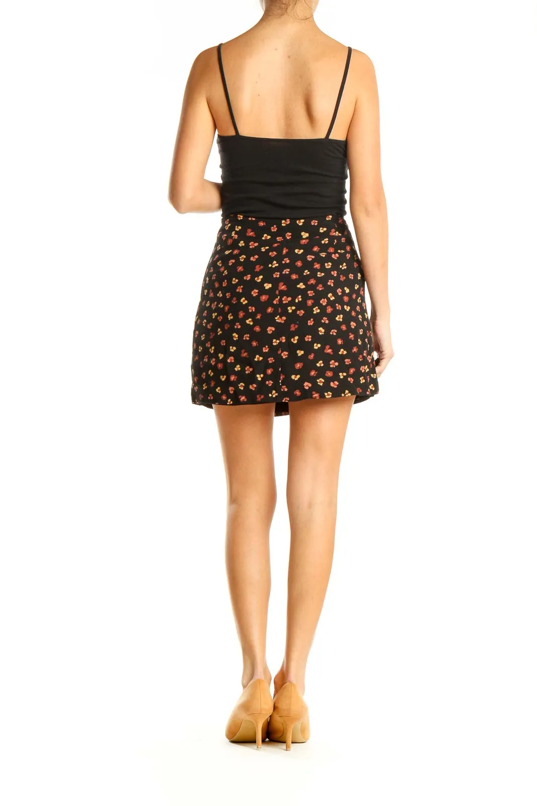 Black Floral Print Chic A-Line Skirt