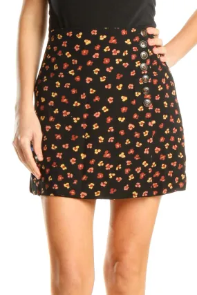 Black Floral Print Chic A-Line Skirt