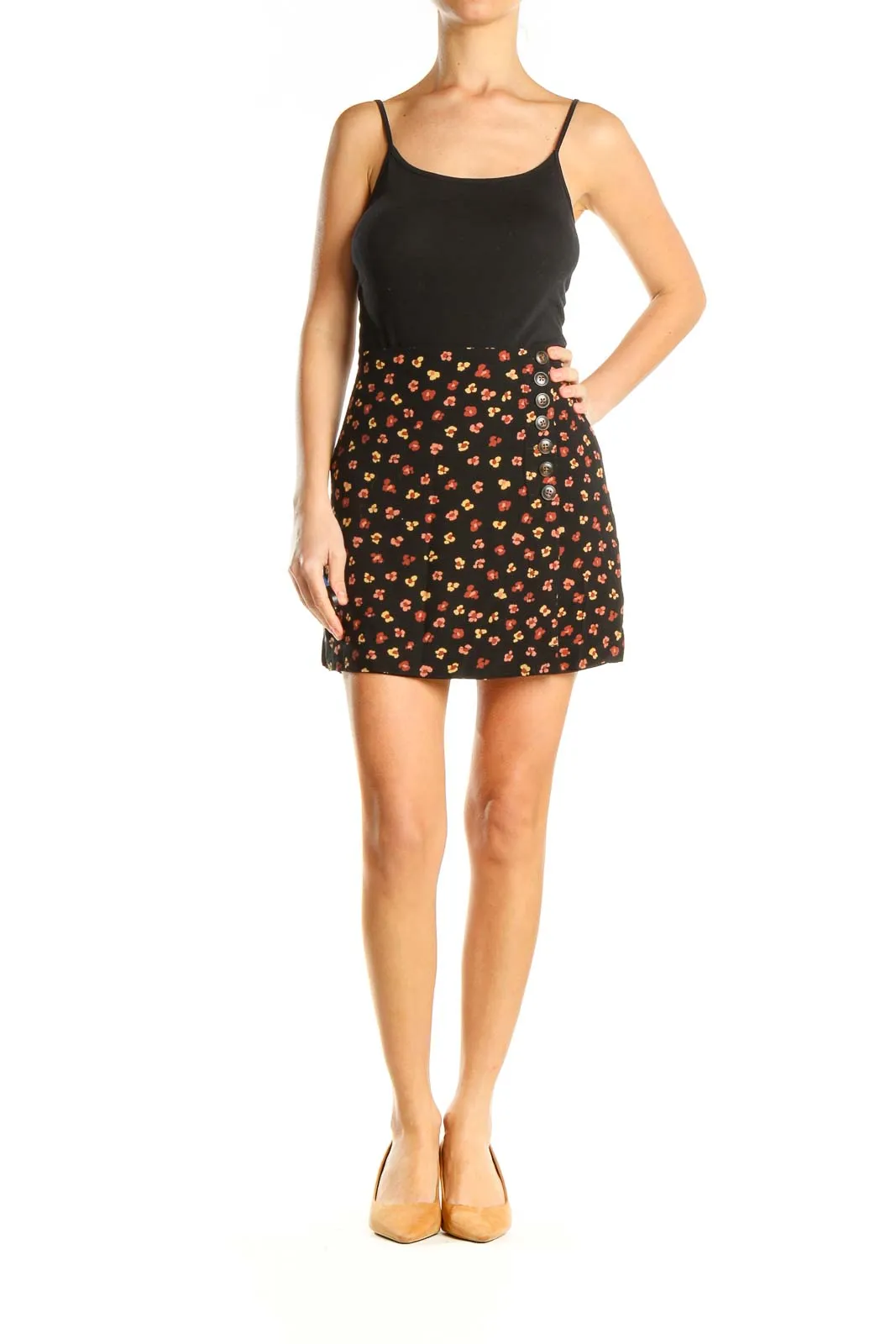 Black Floral Print Chic A-Line Skirt