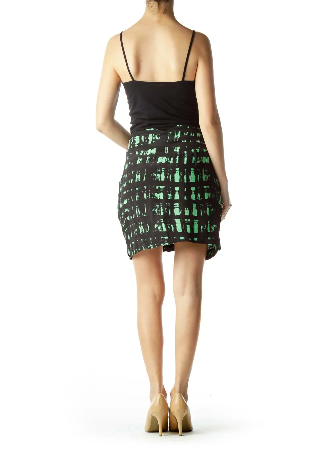 Black Green Print Silk Mini Skirt