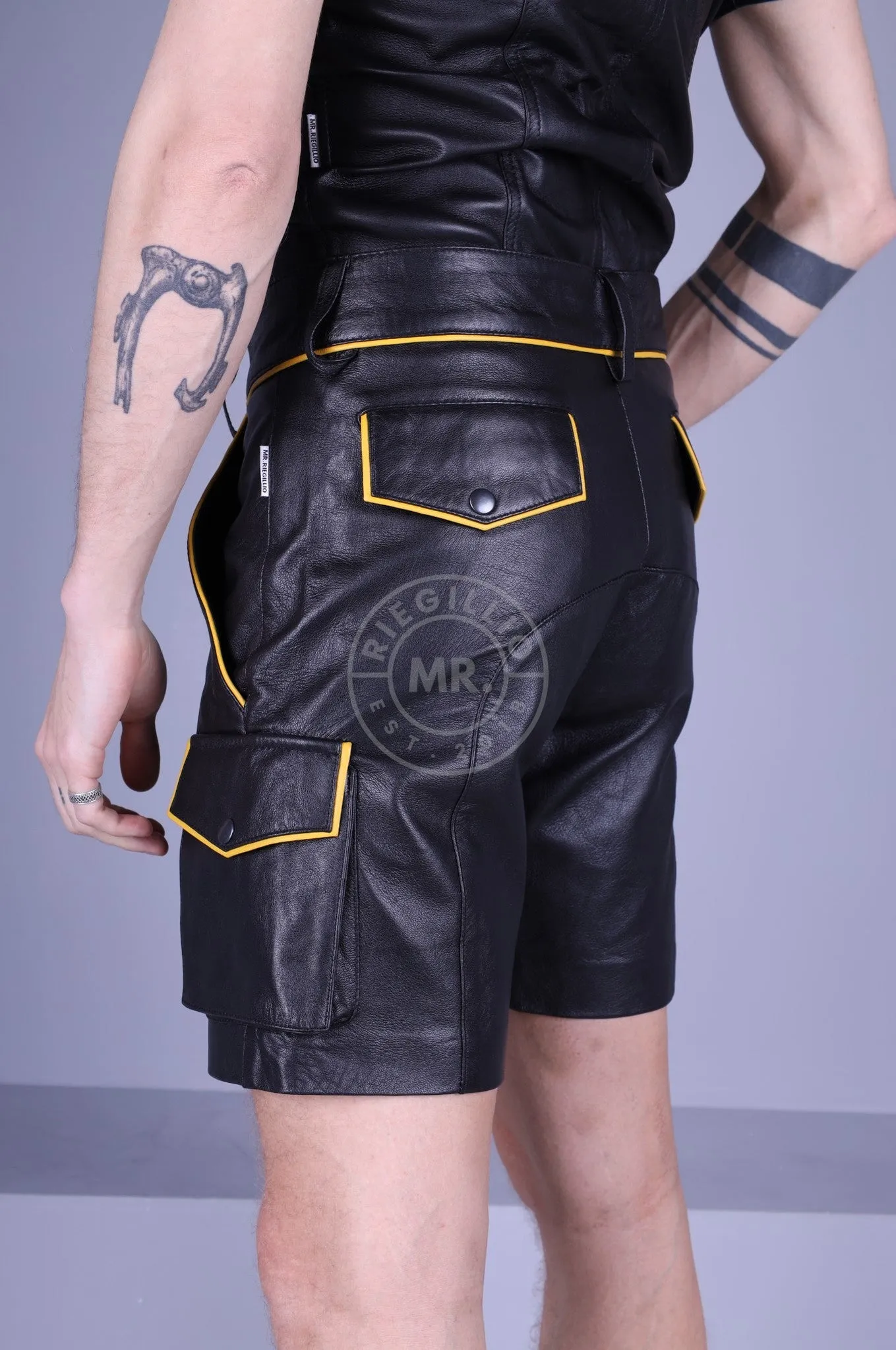 Black Leather Cargo Short - Yellow Piping