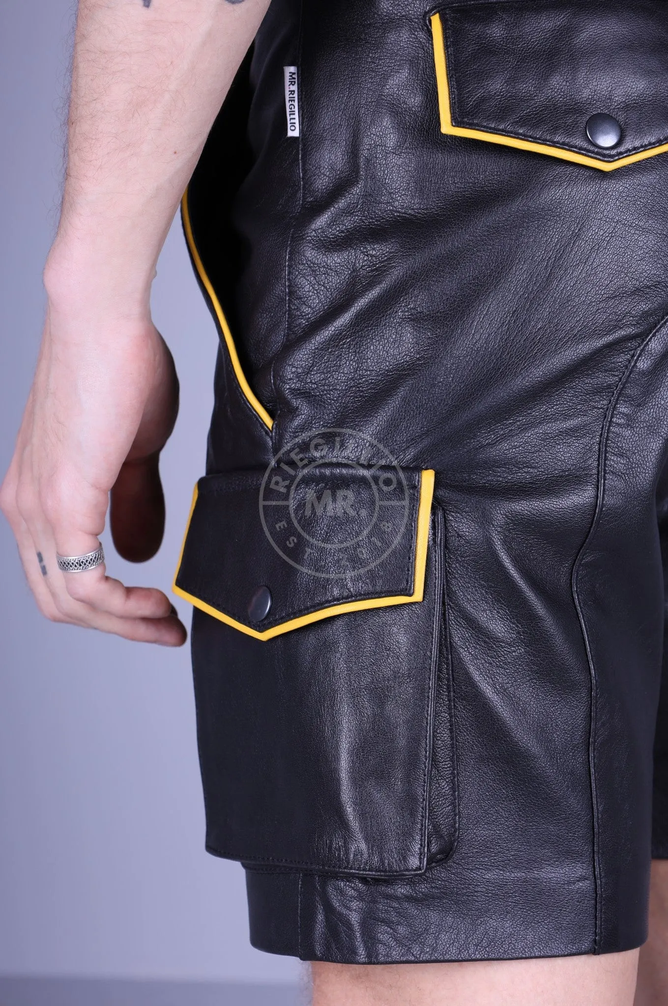 Black Leather Cargo Short - Yellow Piping