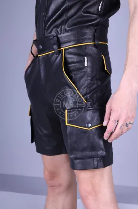 Black Leather Cargo Short - Yellow Piping