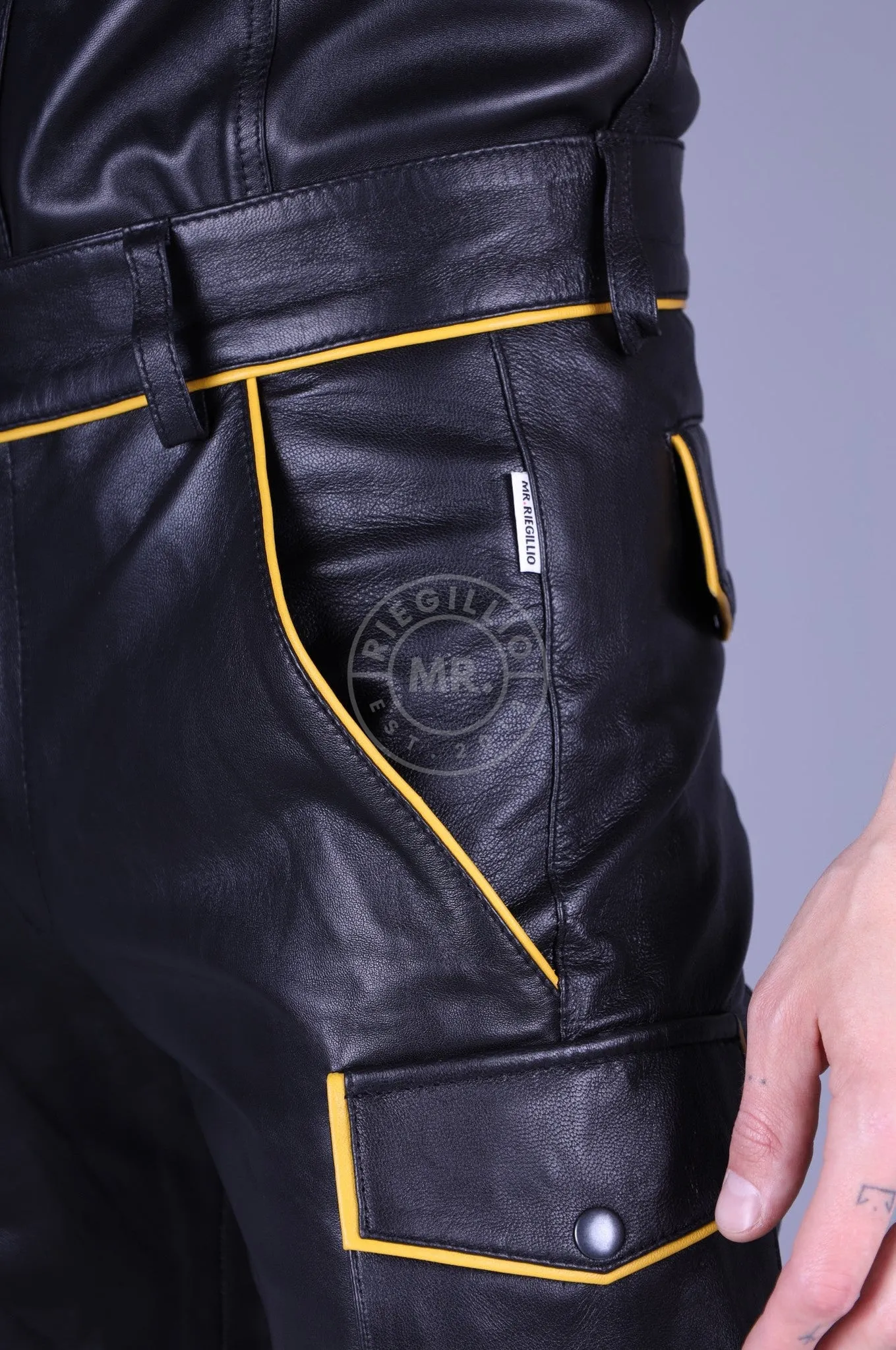 Black Leather Cargo Short - Yellow Piping