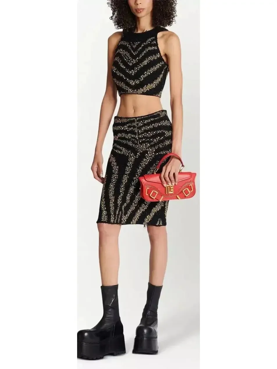 Black Tweed Skirt with Embroidered Gold-Toned Studs Zebra Motif