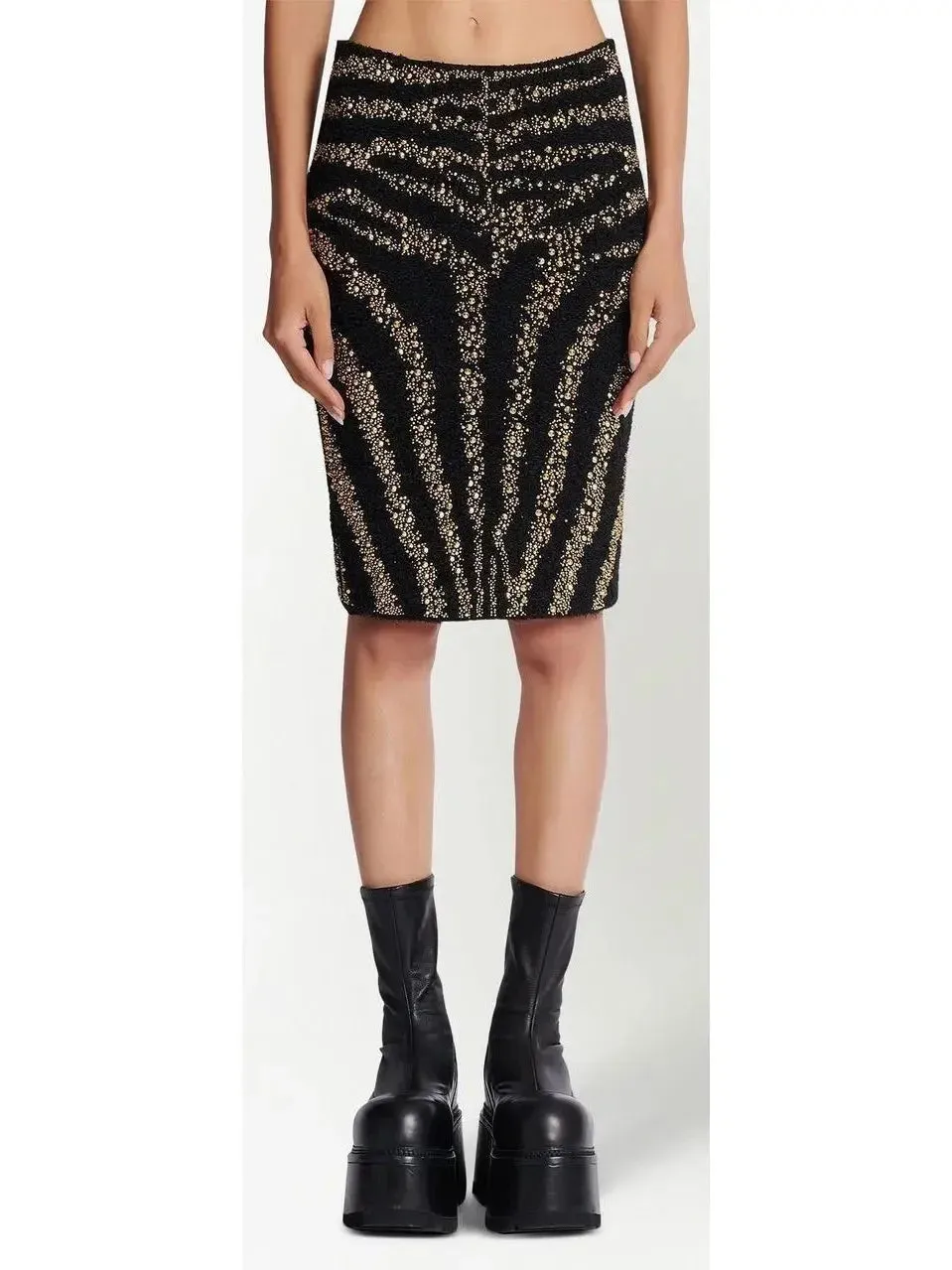 Black Tweed Skirt with Embroidered Gold-Toned Studs Zebra Motif