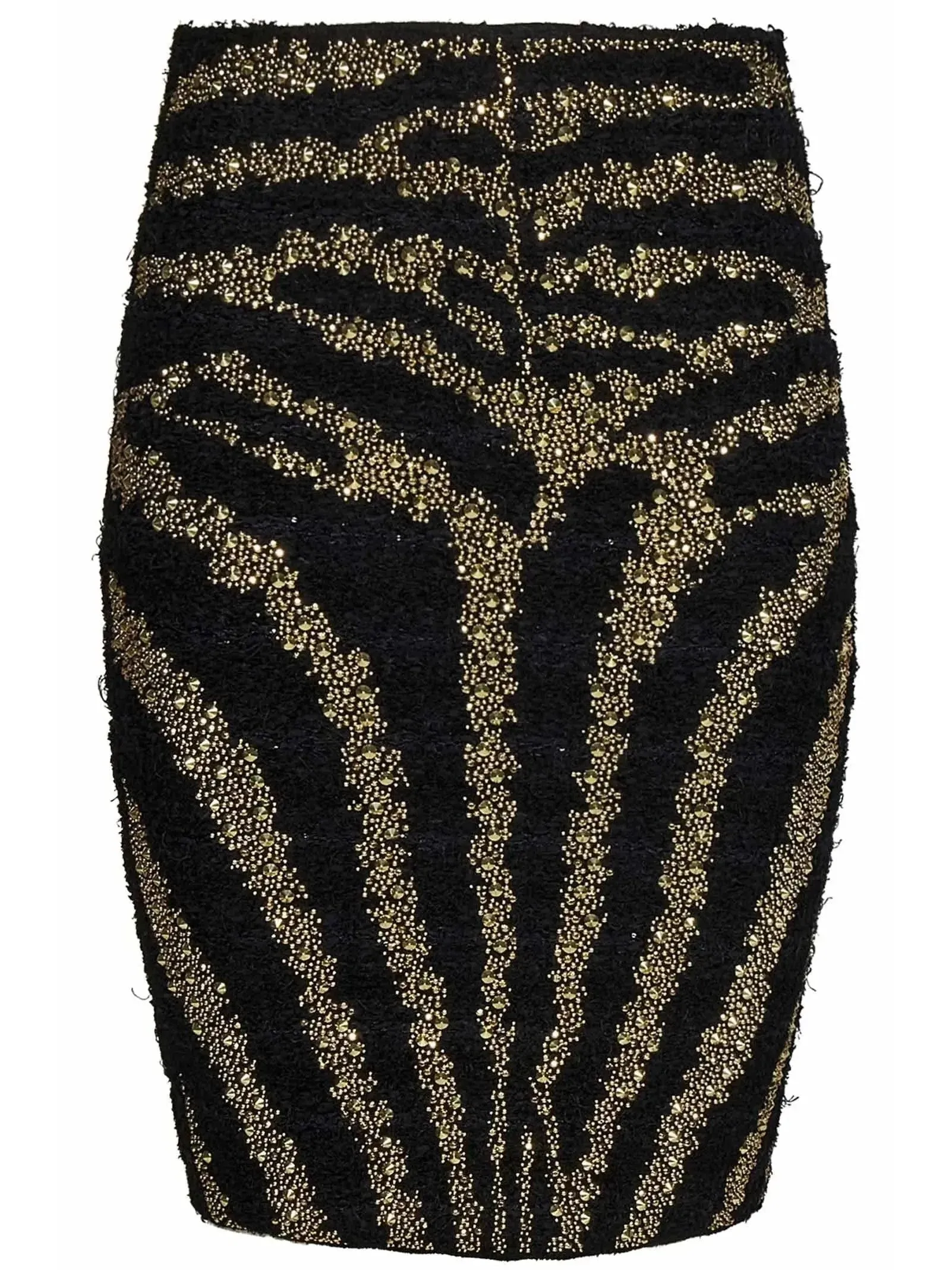 Black Tweed Skirt with Embroidered Gold-Toned Studs Zebra Motif