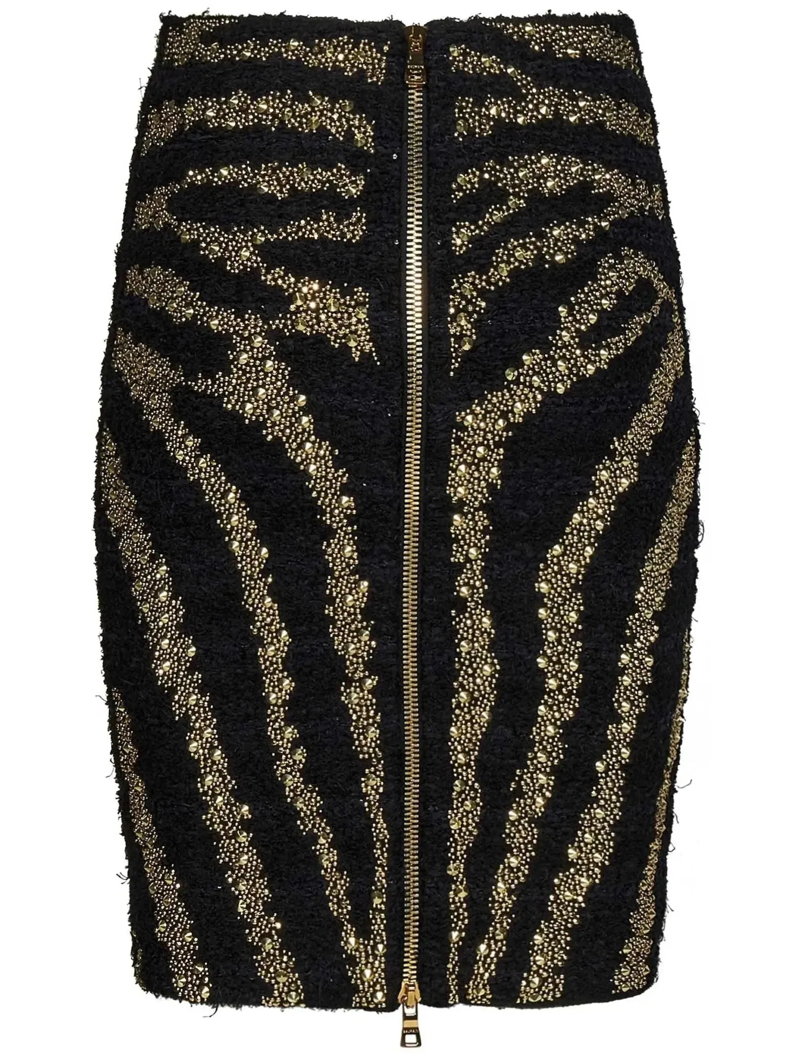 Black Tweed Skirt with Embroidered Gold-Toned Studs Zebra Motif