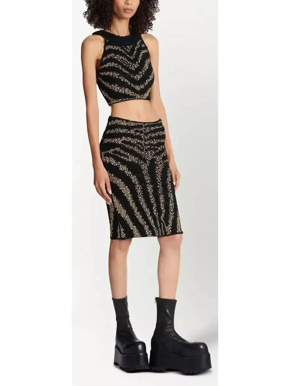 Black Tweed Skirt with Embroidered Gold-Toned Studs Zebra Motif