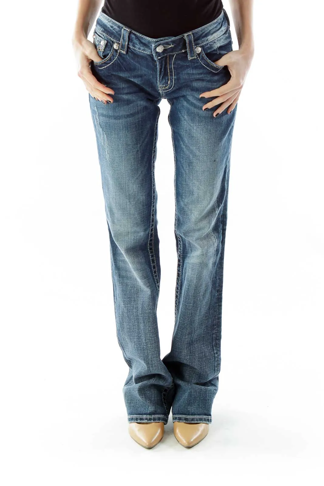 Blue Beaded Straight-Leg Jeans