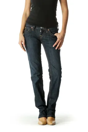 Blue Dark-Wash Pocketed Straight Leg Denim Jeans