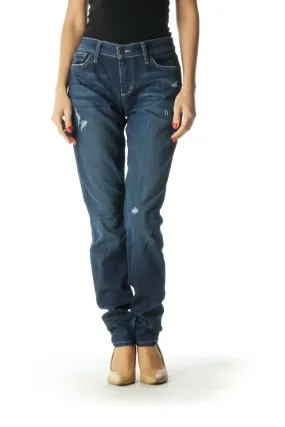 Blue Dark Wash Straight-Leg Distressed Jeans