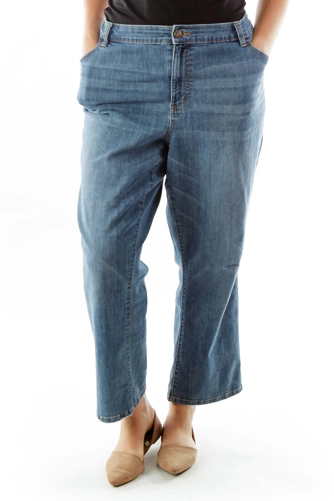 Blue Scratched Straight-Leg Jeans