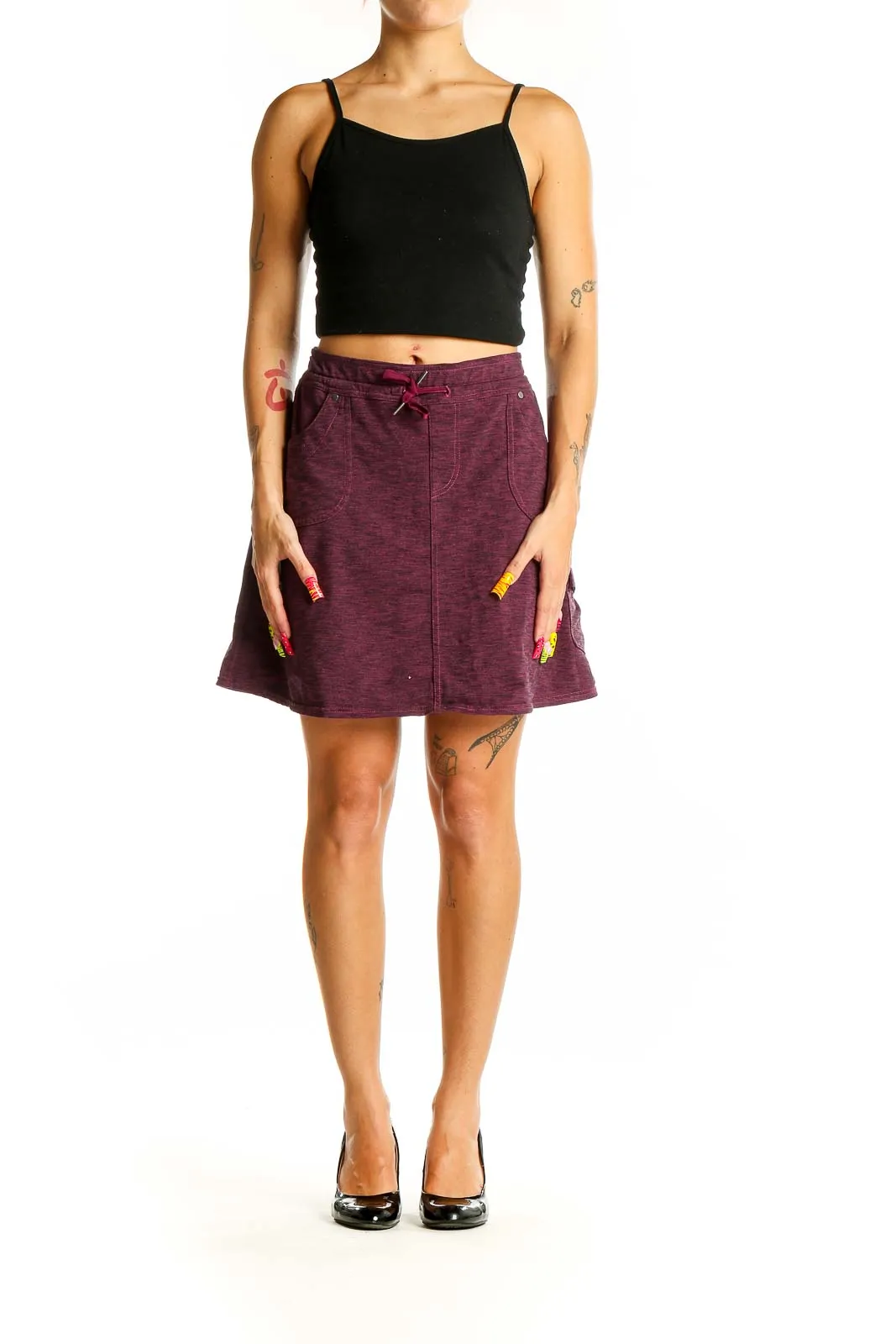 Burgundy Casual Drawstring Skirt