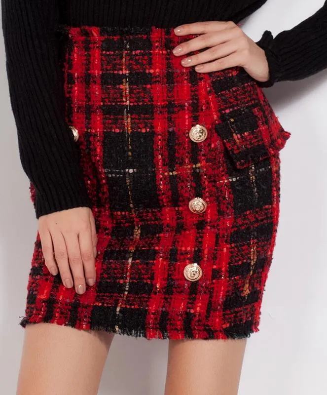 Button-Embellished Tweed Tartan Mini Skirt