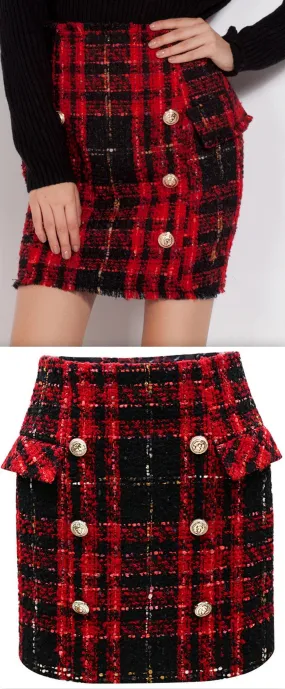 Button-Embellished Tweed Tartan Mini Skirt