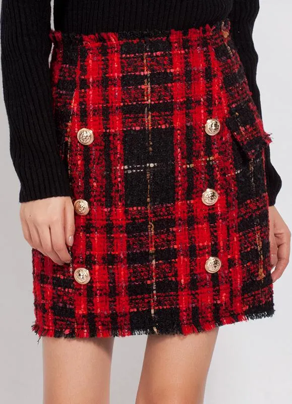 Button-Embellished Tweed Tartan Mini Skirt