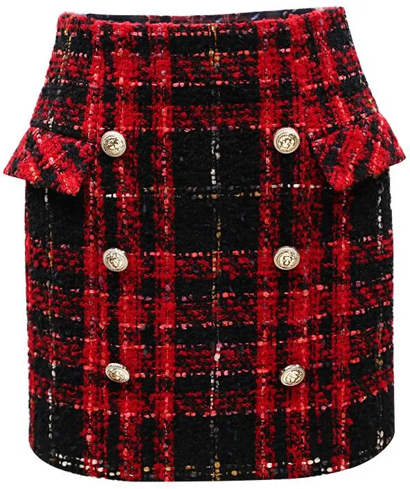 Button-Embellished Tweed Tartan Mini Skirt