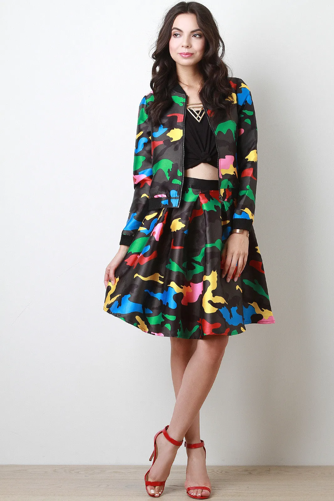 Colorful Camouflage Print A-line Midi Skirt