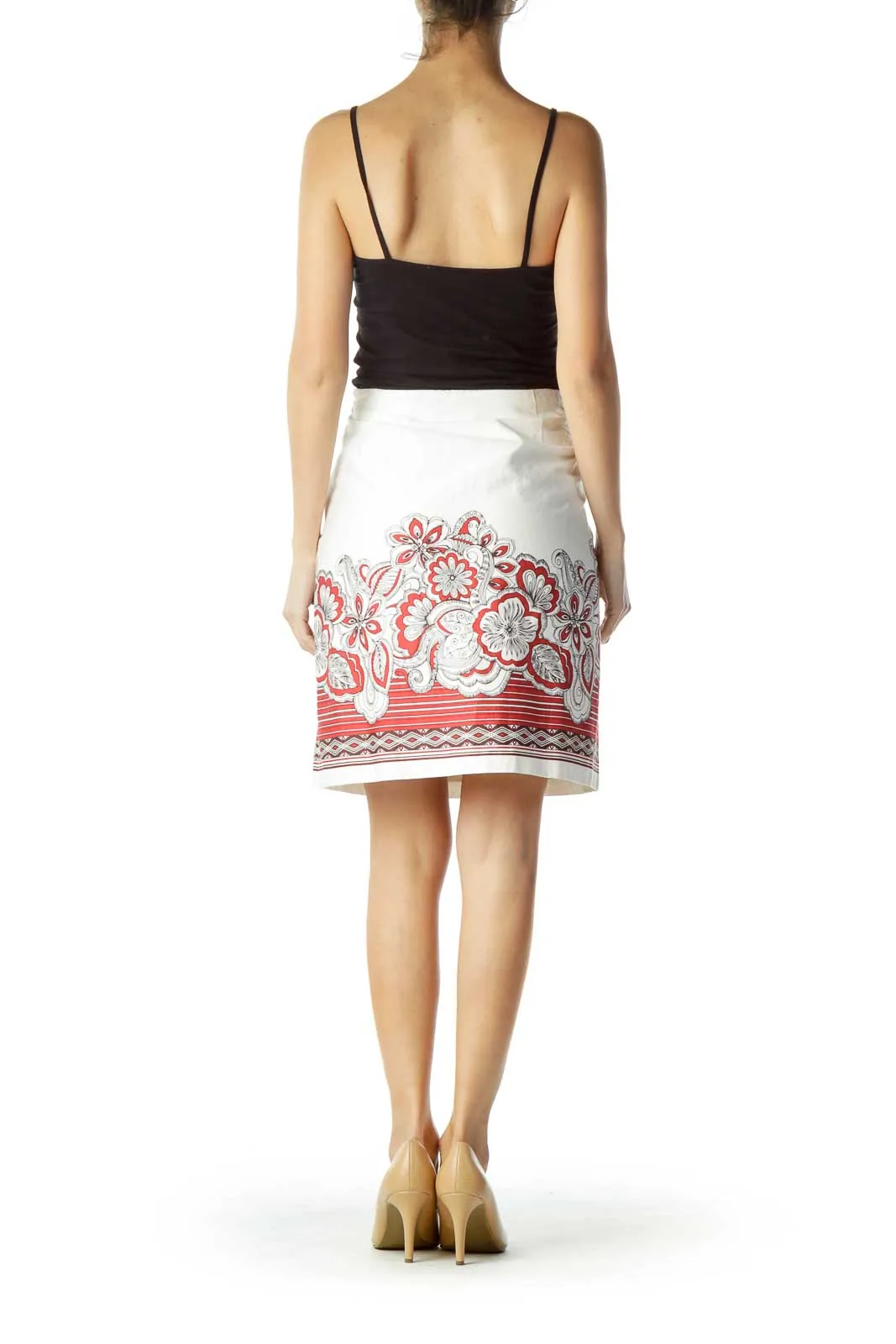 Cream Red Printed Cotton Skirt