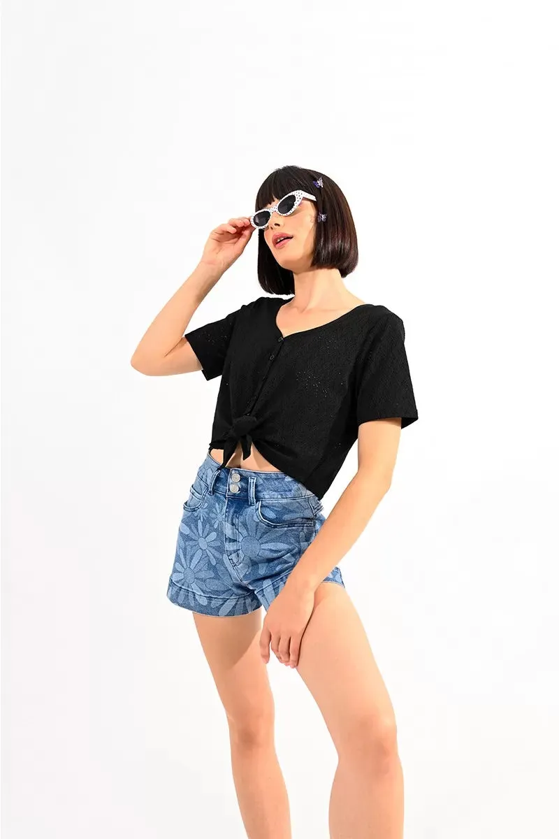 Daisy High Waisted Printed Denim Shorts