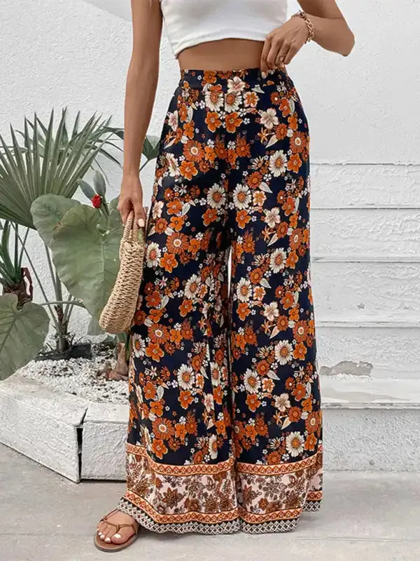 Floral fashion print wide-leg pants