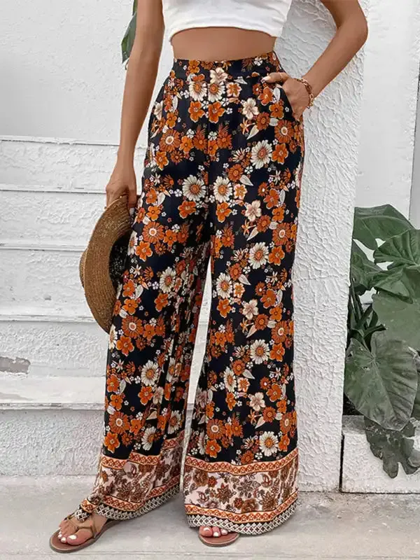 Floral fashion print wide-leg pants