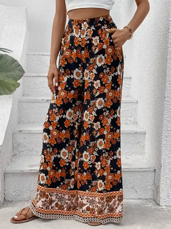 Floral fashion print wide-leg pants