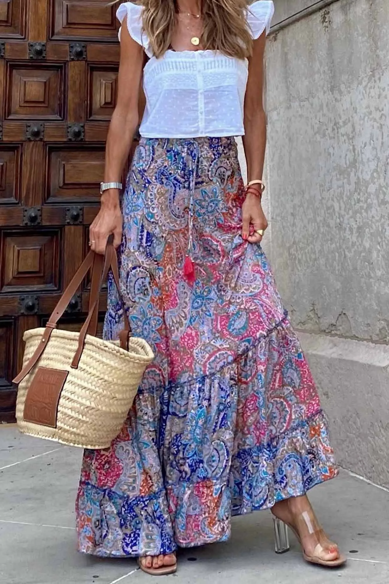 Floral Printed Patchwork Ruffle Midi Skirt