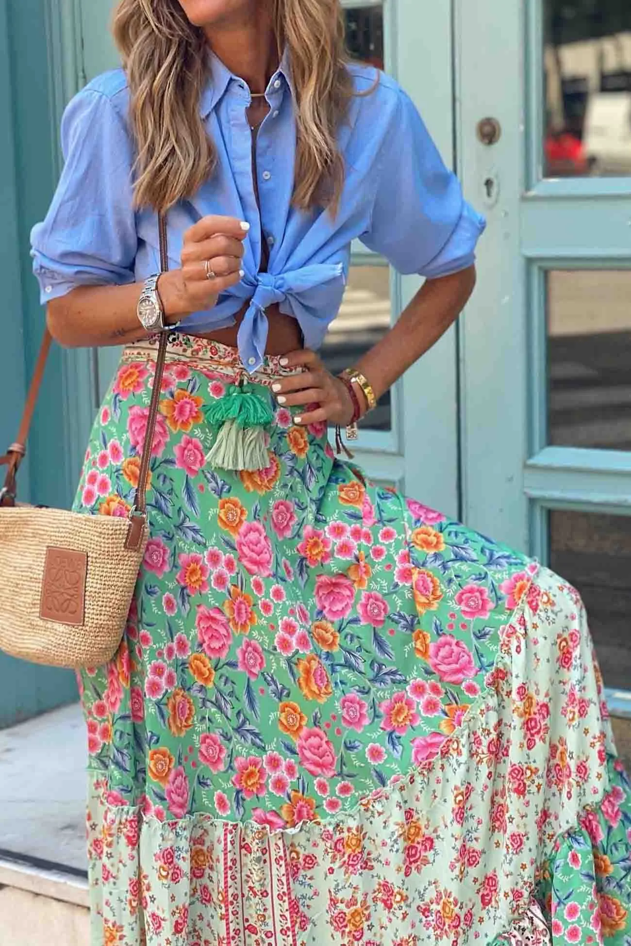 Floral Printed Patchwork Ruffle Midi Skirt