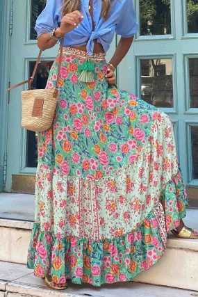 Floral Printed Patchwork Ruffle Midi Skirt