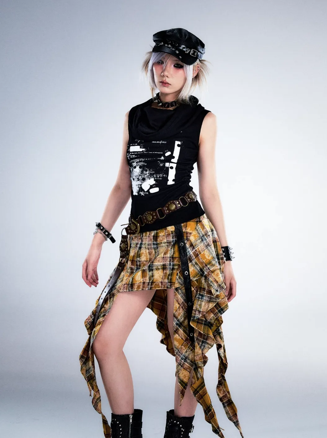 Frustration Garden Gothic Punk Asymmetrical Skirt - Yellow Plaid Ruffled Mini With Leather Straps