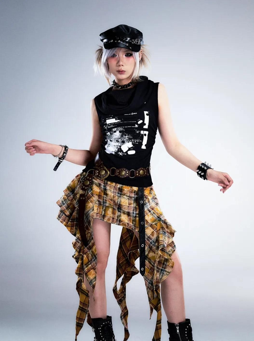 Frustration Garden Gothic Punk Asymmetrical Skirt - Yellow Plaid Ruffled Mini With Leather Straps