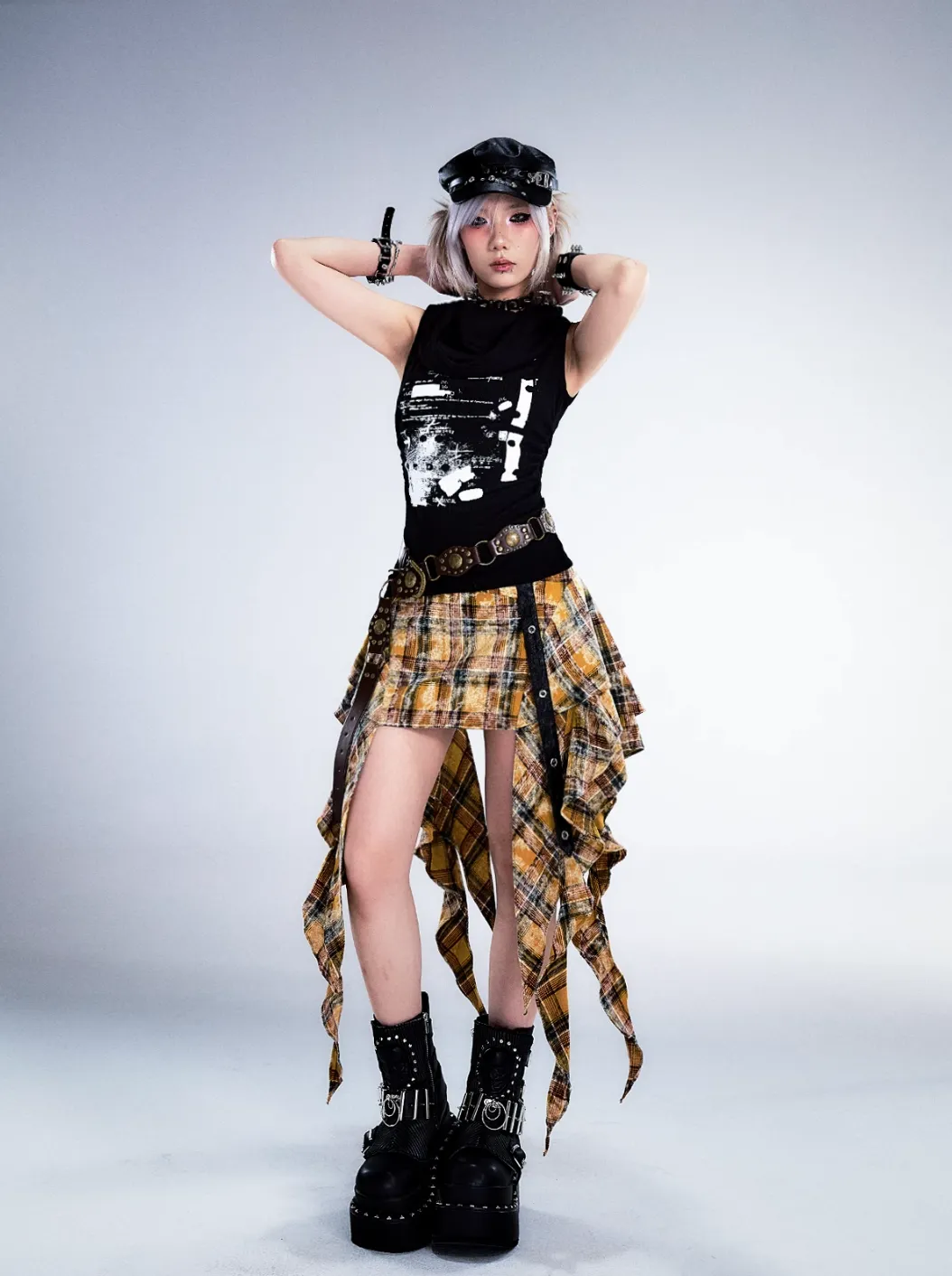 Frustration Garden Gothic Punk Asymmetrical Skirt - Yellow Plaid Ruffled Mini With Leather Straps