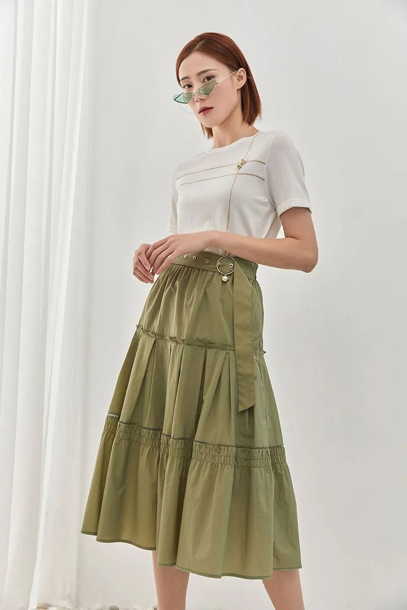 Green Folds Midi Skirt with Belt