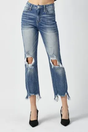 High Waist Distressed Frayed Hem Cropped Straight Jeans