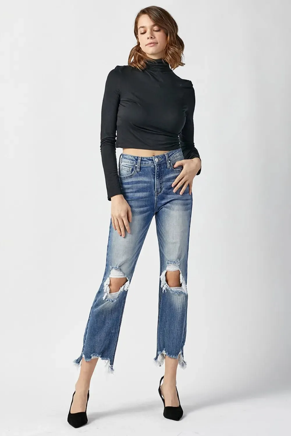 High Waist Distressed Frayed Hem Cropped Straight Jeans