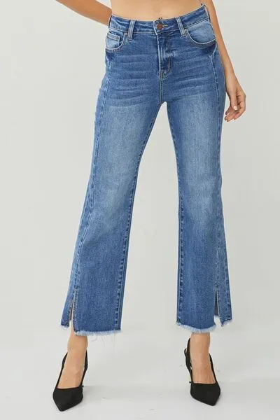 High Waist Raw Hem Slit Straight Jeans