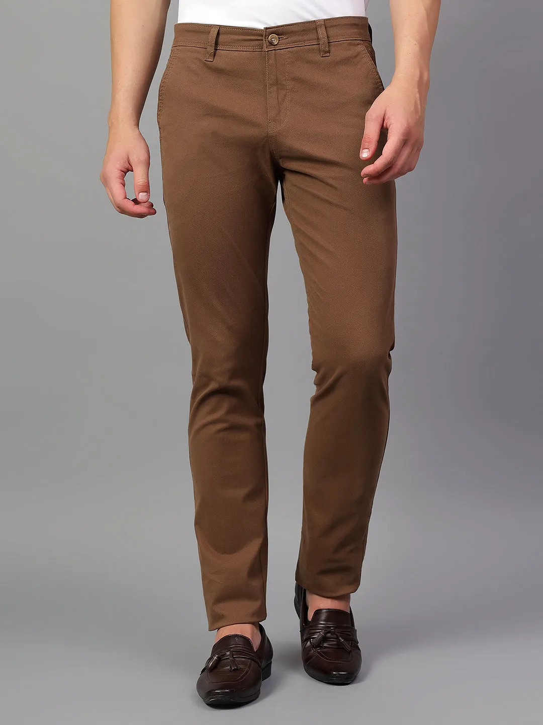 Men's Brown Self Design Non-Pleated Casual Trouser