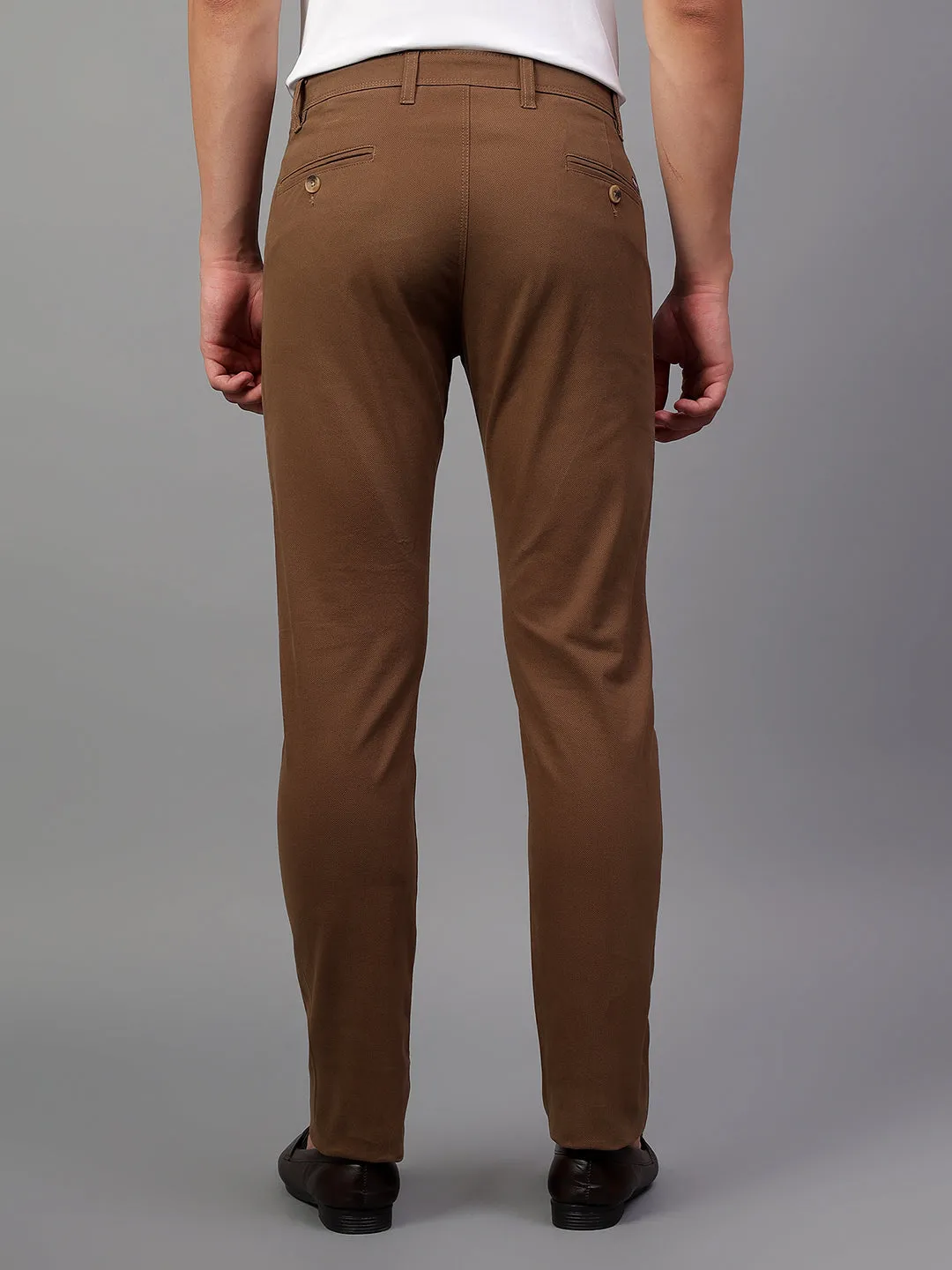 Men's Brown Self Design Non-Pleated Casual Trouser