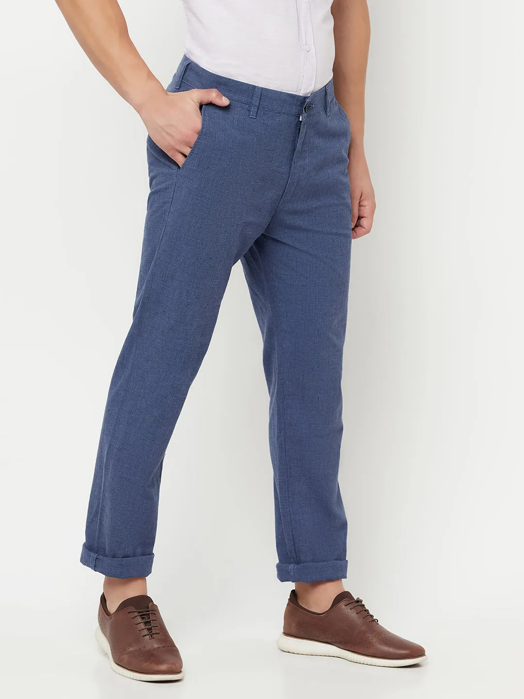 Men's Casual Flat front Denim Blue  Trousers