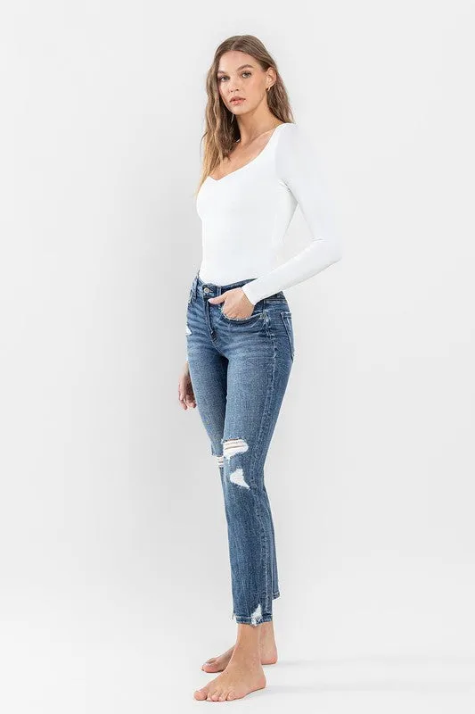 Mid Rise Distressed Crop Slim Straight Jeans