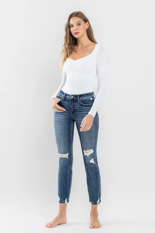 Mid Rise Distressed Crop Slim Straight Jeans